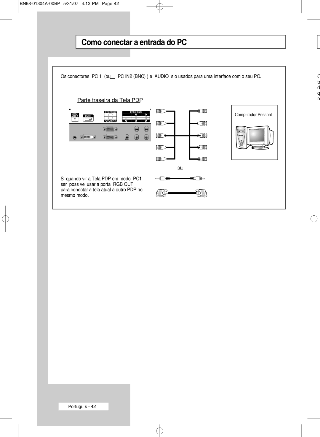 Samsung PPM42M7HSX/XBG, PPM42M7HBX/XSA, PPM50M7HBX/XSA manual Como conectar a entrada do PC 