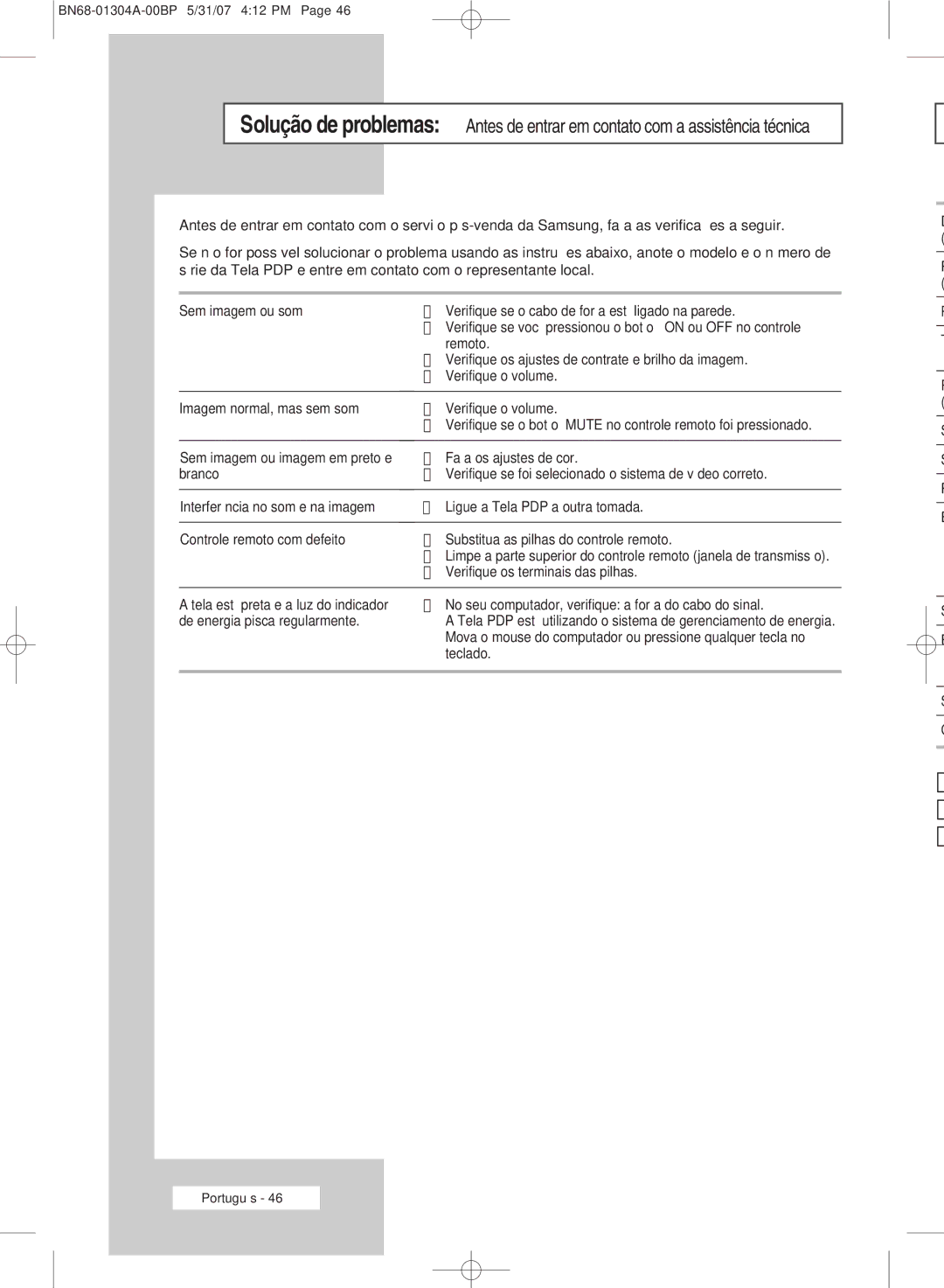 Samsung PPM42M7HBX/XSA manual Remoto, Verifique os ajustes de contrate e brilho da imagem, Verifique o volume, Teclado 