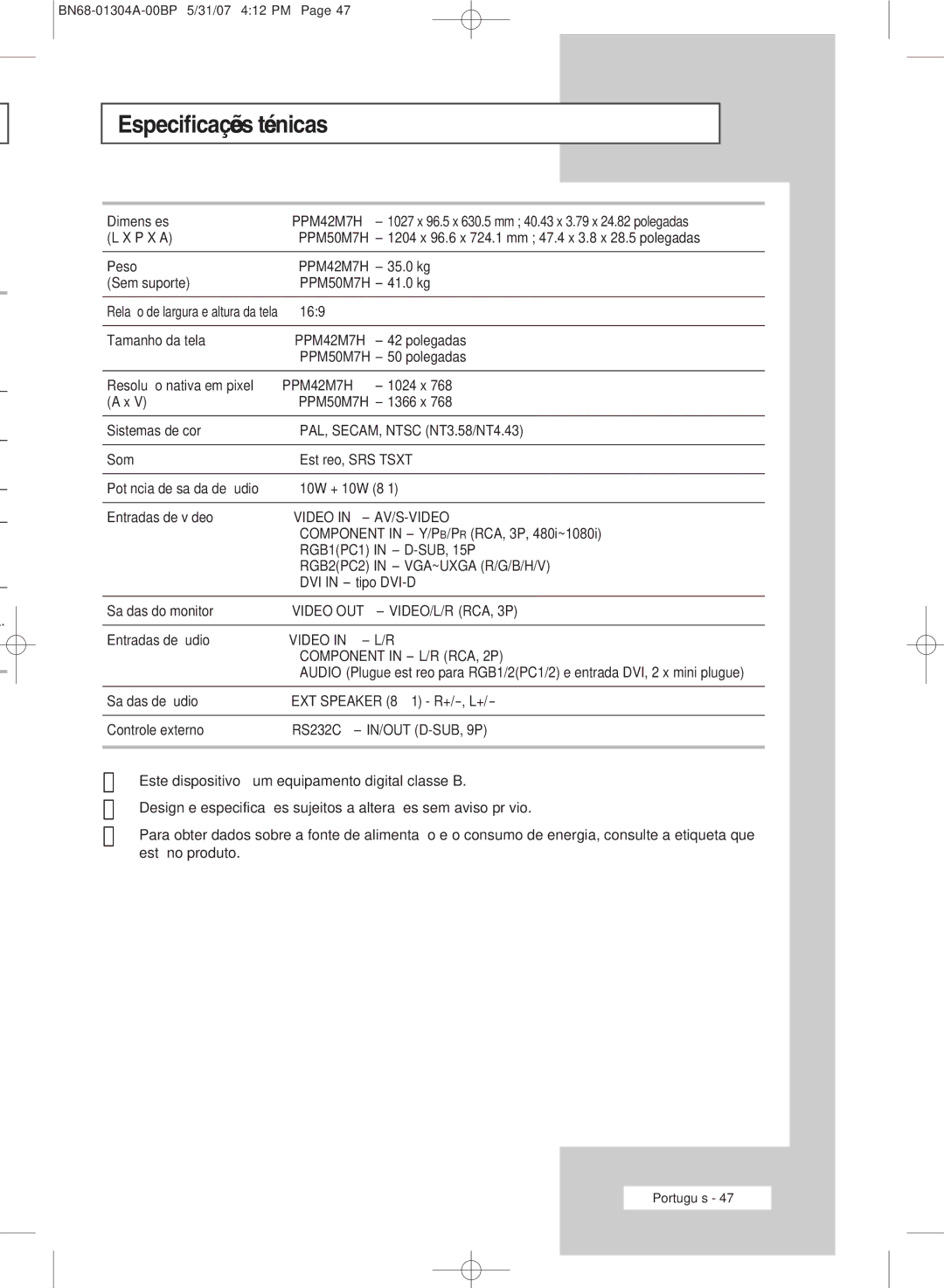 Samsung PPM50M7HBX/XSA, PPM42M7HBX/XSA manual Especificações técnicas, Dimensões, Saídas do monitor, Entradas de áudio 