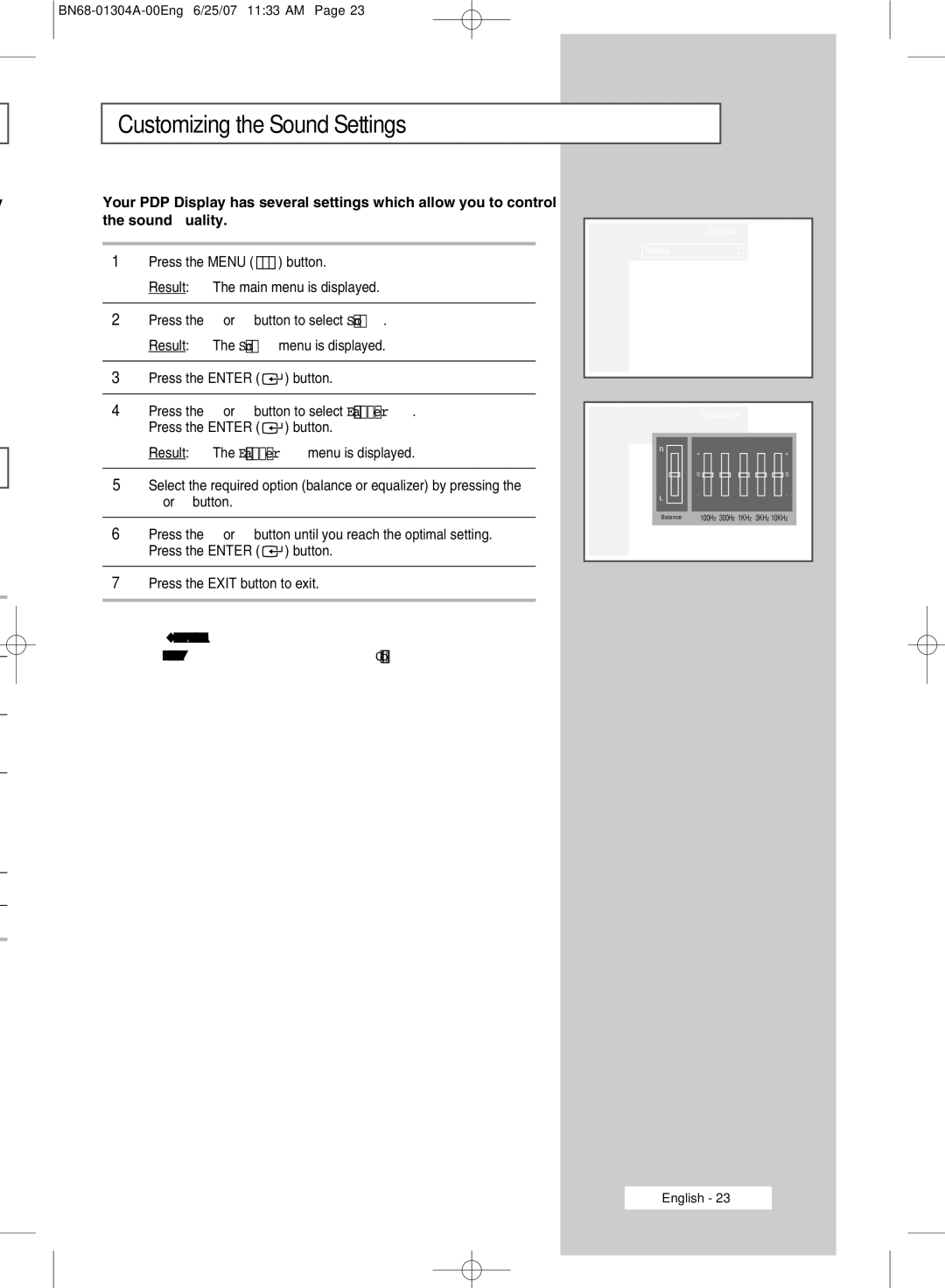 Samsung PPM42M7HSX/XBG, PPM42M7HBX/XSA, PPM50M7HBX/XSA manual Customizing the Sound Settings 