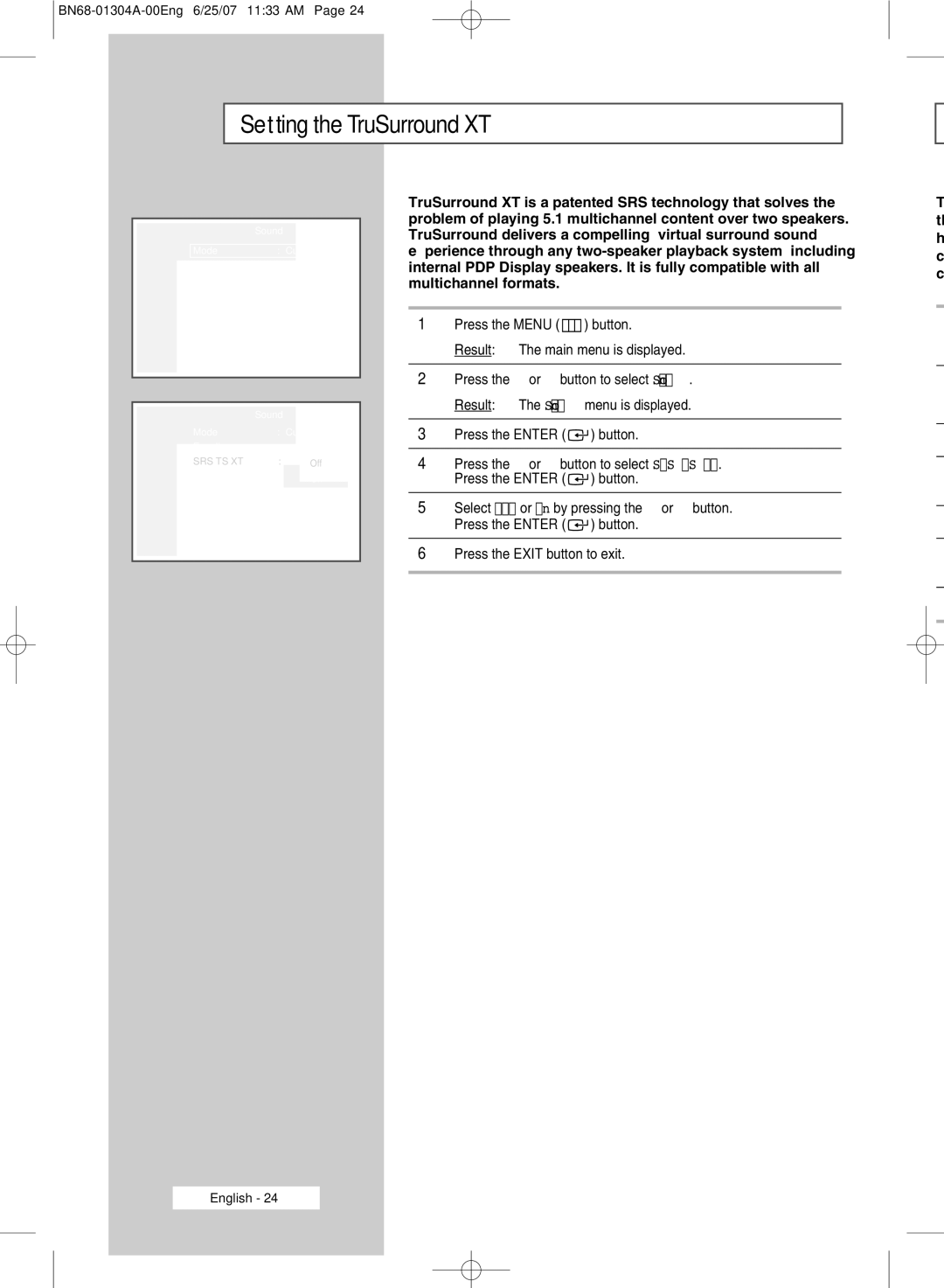 Samsung PPM42M7HBX/XSA, PPM50M7HBX/XSA, PPM42M7HSX/XBG manual Setting the TruSurround XT 