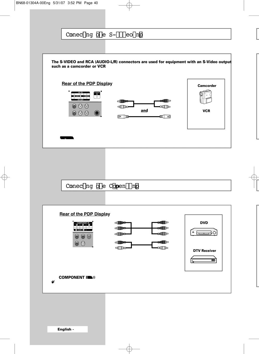 Samsung PPM50M7HBX/XSA, PPM42M7HBX/XSA, PPM42M7HSX/XBG Connecting to the S-Video Input, Connecting to the Component Input 