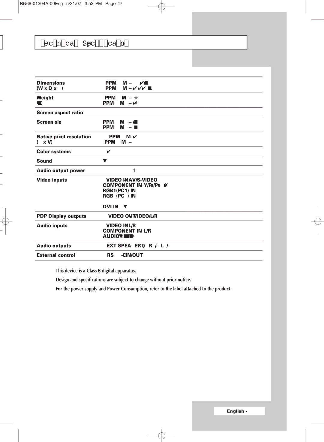 Samsung PPM42M7HSX/XBG, PPM42M7HBX/XSA, PPM50M7HBX/XSA manual Technical Specifications 