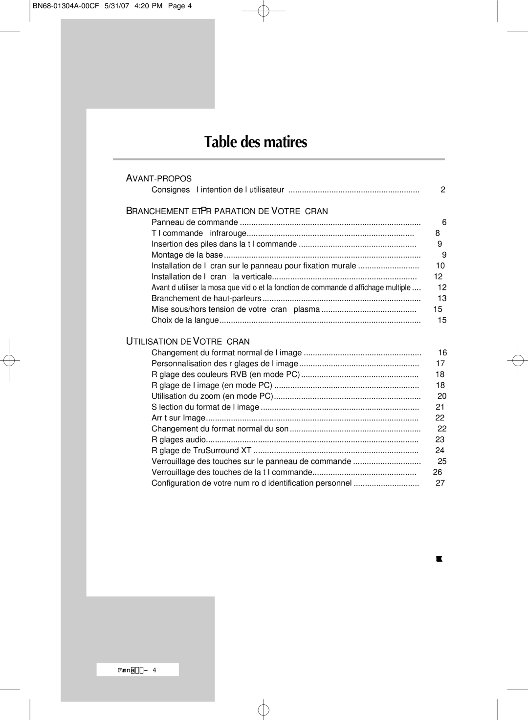 Samsung PPM42M7HBX/XSA, PPM50M7HBX/XSA, PPM42M7HSX/XBG manual Table des matières, Consignes à l’intention de l’utilisateur 