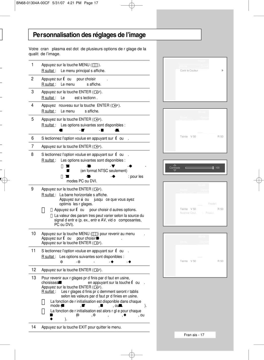 Samsung PPM50M7HBX/XSA, PPM42M7HBX/XSA, PPM42M7HSX/XBG Personnalisation des réglages de l’image, Modes PC ou DVI, Chaude2 