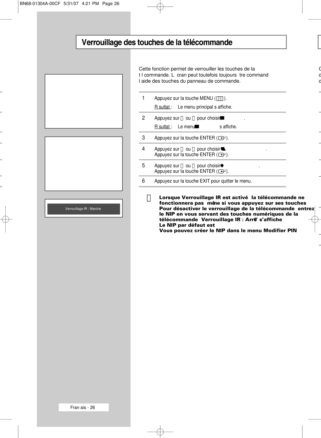 Samsung PPM50M7HBX/XSA, PPM42M7HBX/XSA, PPM42M7HSX/XBG manual Verrouillage des touches de la télécommande 