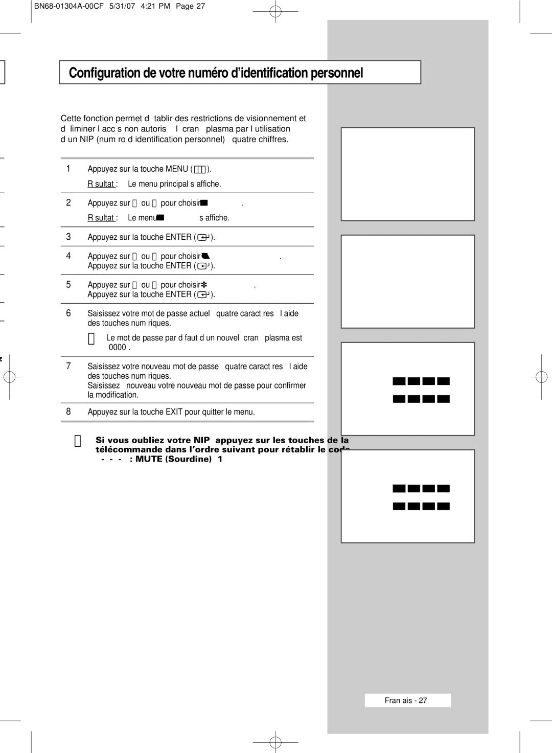 Samsung PPM42M7HSX/XBG, PPM42M7HBX/XSA, PPM50M7HBX/XSA manual Configuration de votre numéro d’identification personnel 