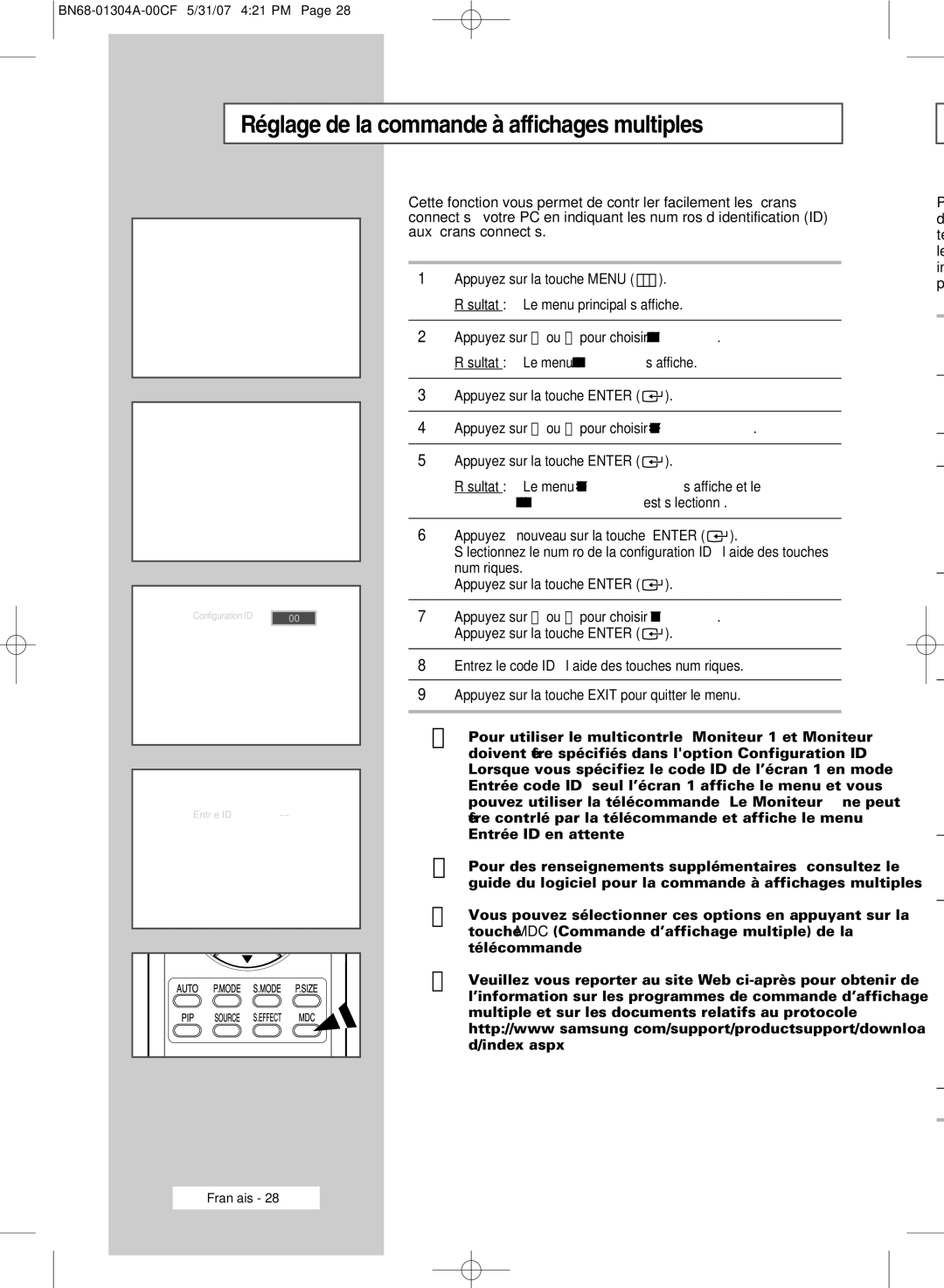 Samsung PPM42M7HBX/XSA, PPM50M7HBX/XSA Réglage de la commande à affichages multiples, Configuration ID est sélectionné 