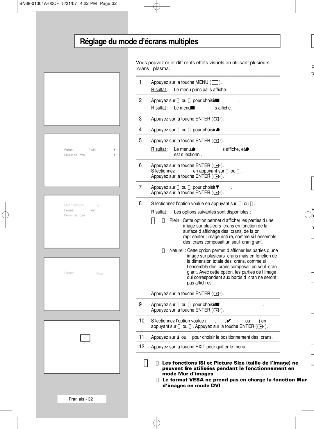 Samsung PPM50M7HBX/XSA, PPM42M7HBX/XSA, PPM42M7HSX/XBG manual Réglage du mode d’écrans multiples 