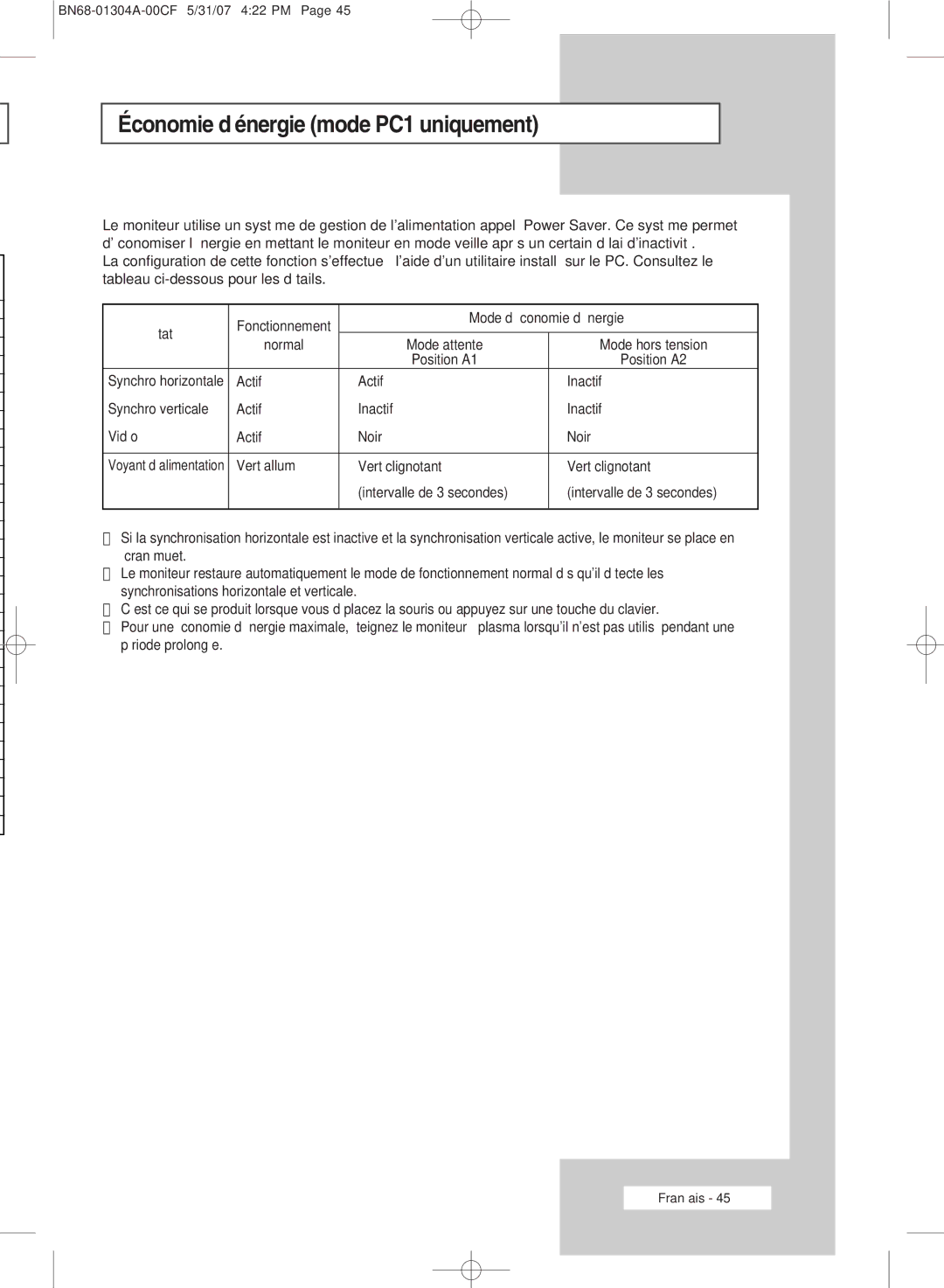 Samsung PPM42M7HSX/XBG, PPM42M7HBX/XSA manual Économie dénergie mode PC1 uniquement, État, Mode d’économie d’énergie 