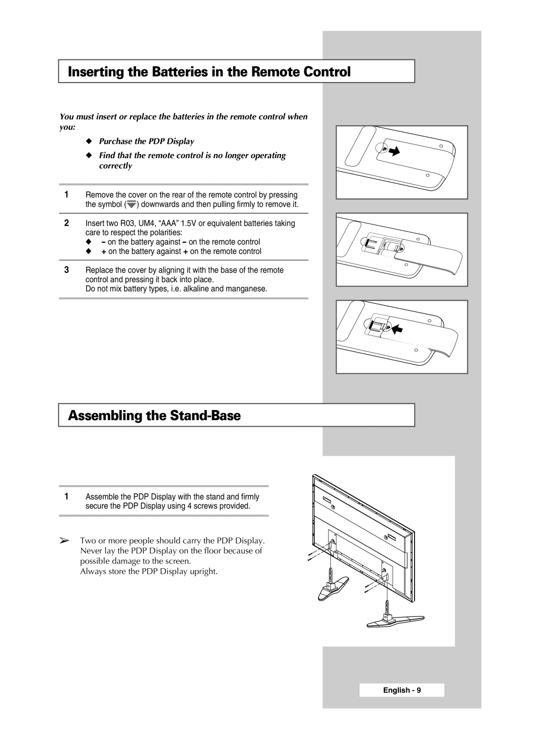 Samsung PPM42M7HBX/XSA, PPM50M7HBX/XSA manual Inserting the Batteries in the Remote Control, Assembling the Stand-Base 