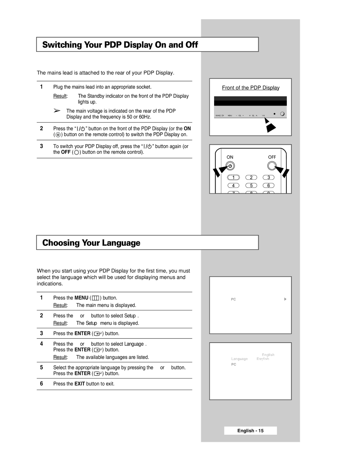 Samsung PPM42M7HBX/XSA, PPM50M7HBX/XSA manual Switching Your PDP Display On and Off, Choosing Your Language 