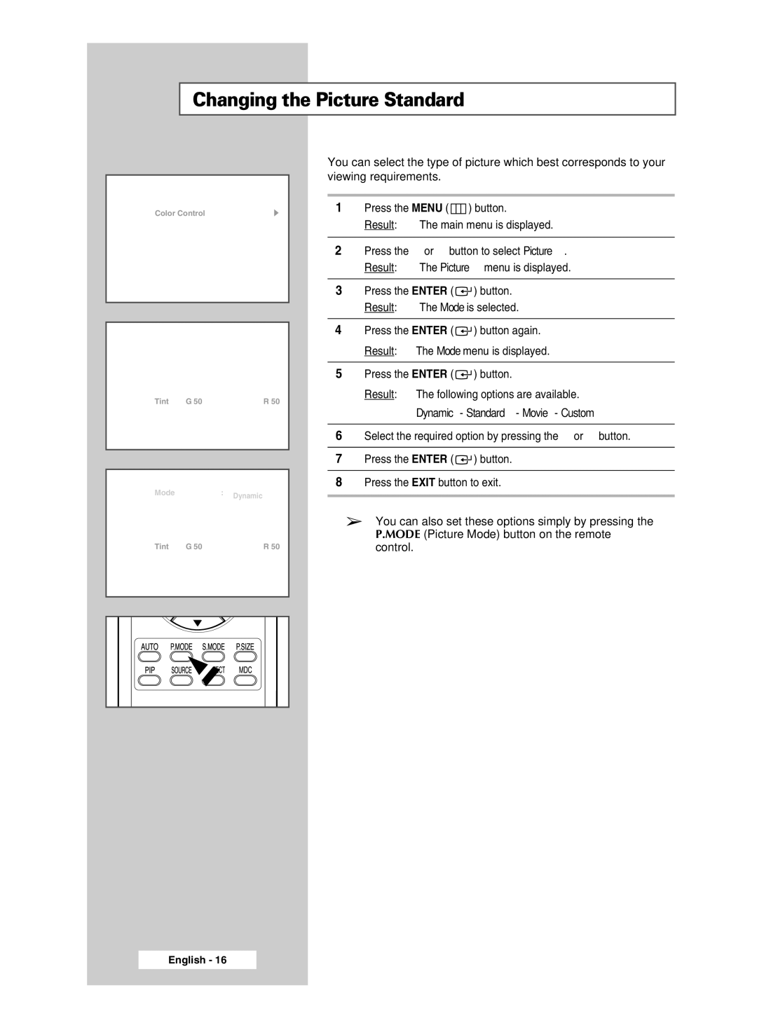 Samsung PPM50M7HBX/XSA, PPM42M7HBX/XSA manual Changing the Picture Standard, Pip 