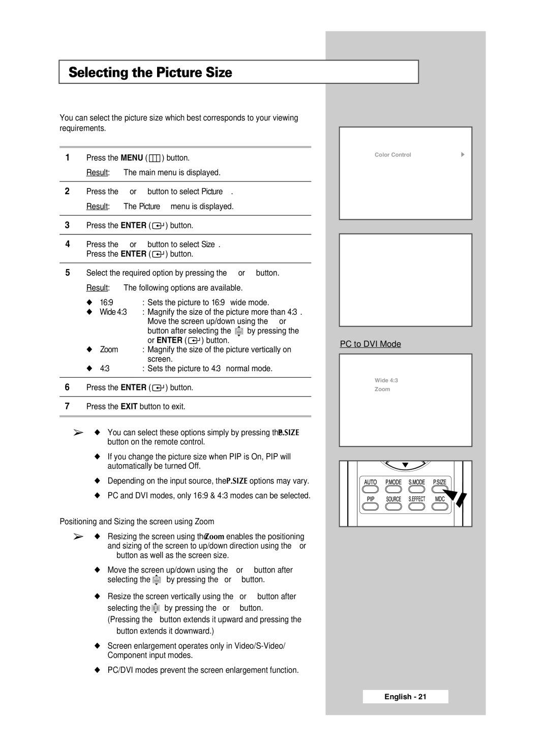 Samsung PPM42M7HBX/XSA, PPM50M7HBX/XSA manual Selecting the Picture Size, Positioning and Sizing the screen using Zoom 