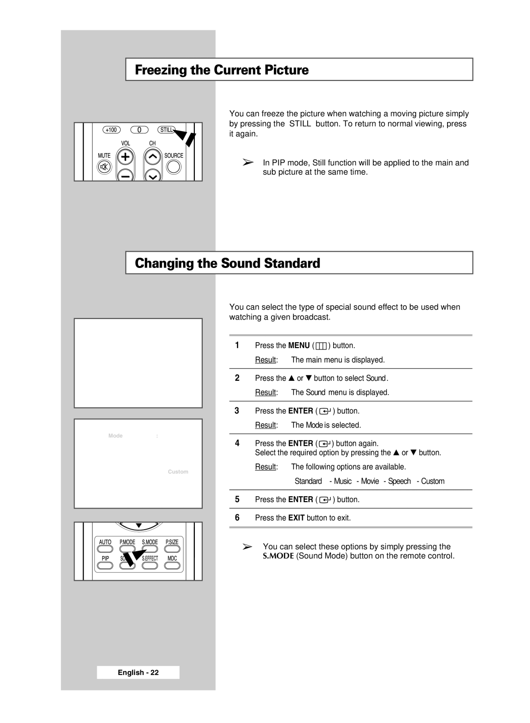 Samsung PPM50M7HBX/XSA, PPM42M7HBX/XSA manual Freezing the Current Picture, Changing the Sound Standard 