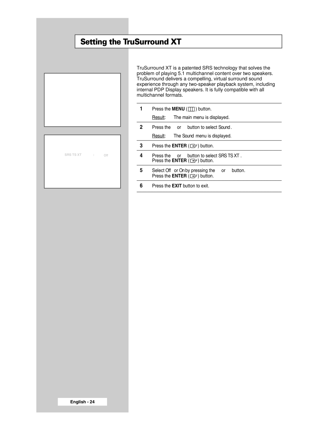 Samsung PPM50M7HBX/XSA, PPM42M7HBX/XSA manual Setting the TruSurround XT 