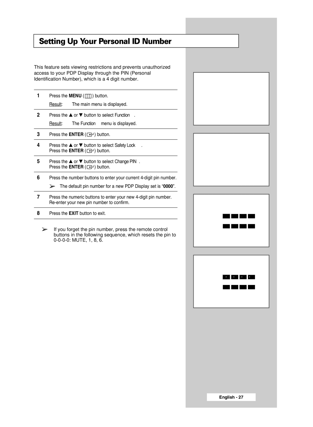 Samsung PPM42M7HBX/XSA, PPM50M7HBX/XSA manual Setting Up Your Personal ID Number 