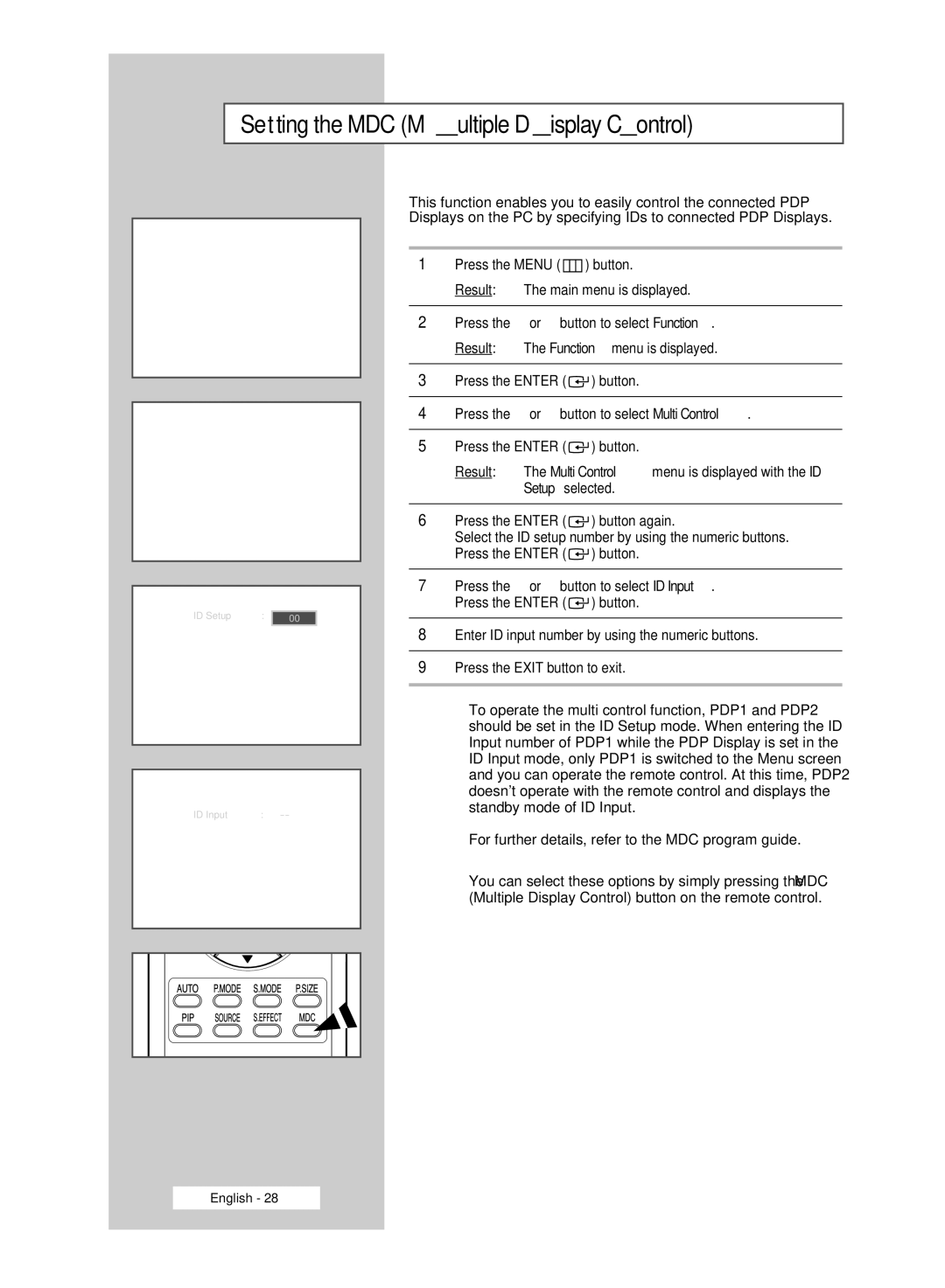 Samsung PPM50M7HBX/XSA, PPM42M7HBX/XSA manual Setting the MDC Multiple Display Control 