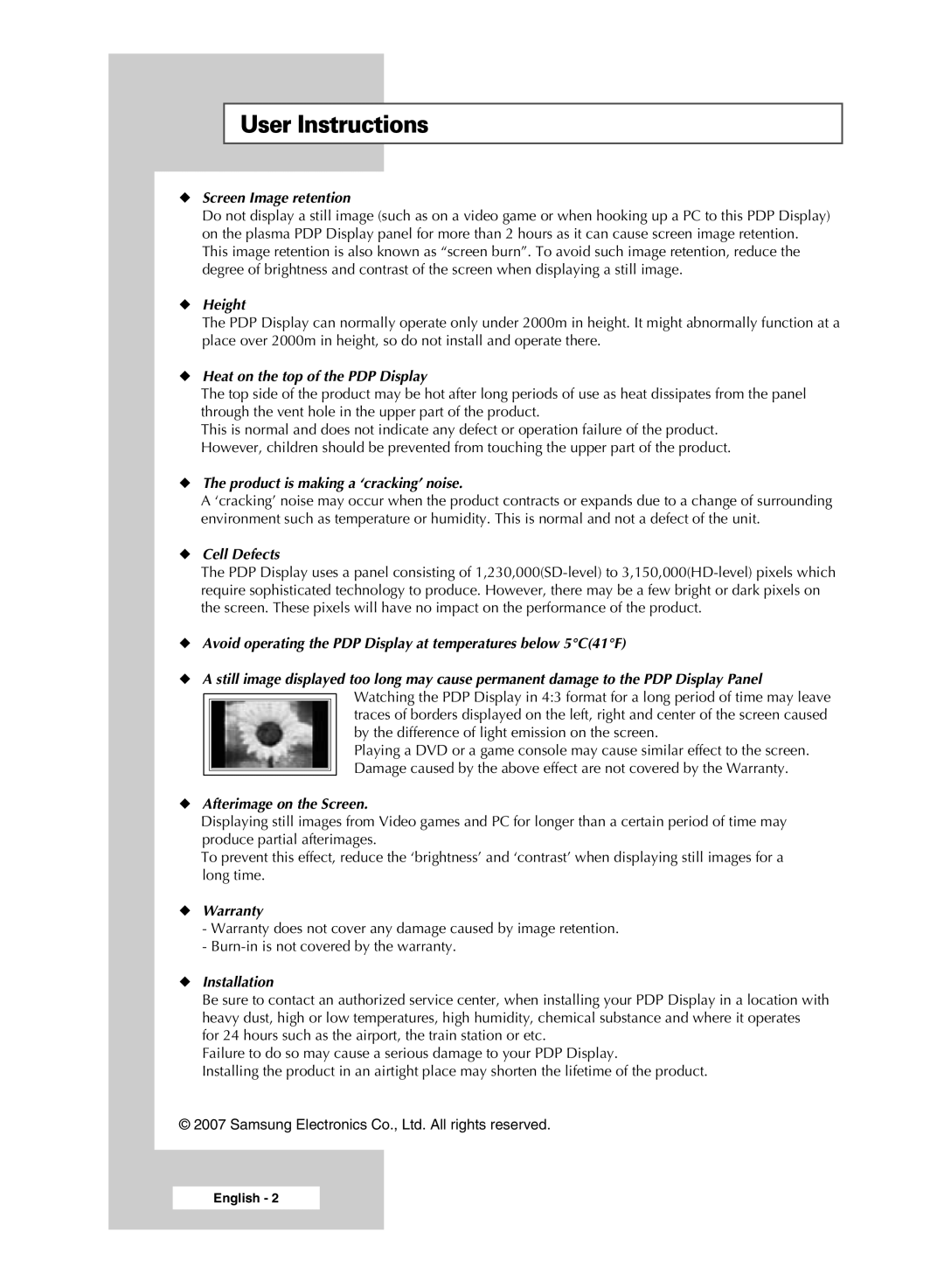 Samsung PPM50M7HBX/XSA, PPM42M7HBX/XSA manual User Instructions, Screen Image retention 