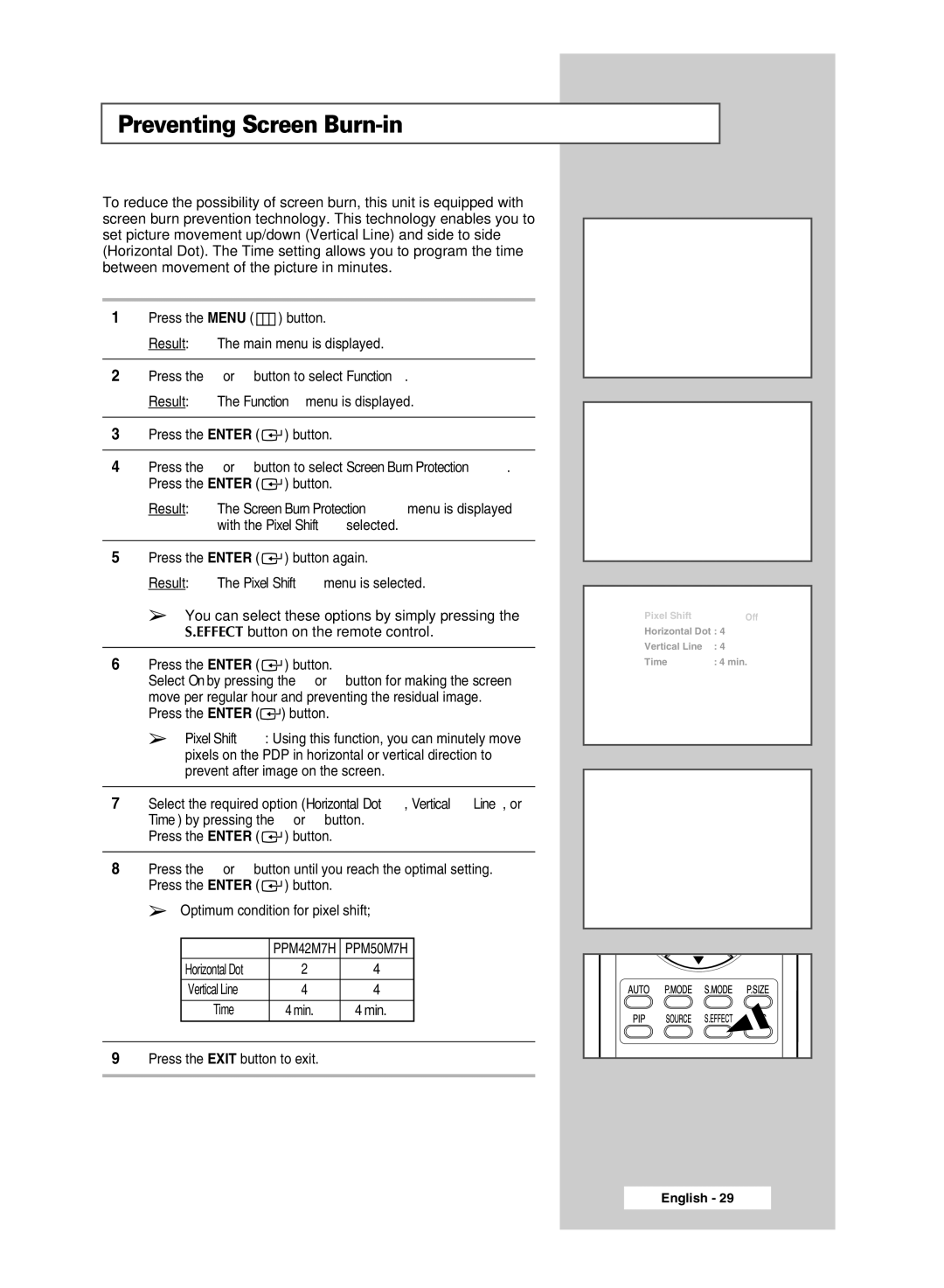 Samsung PPM42M7HBX/XSA, PPM50M7HBX/XSA manual Preventing Screen Burn-in, Min 