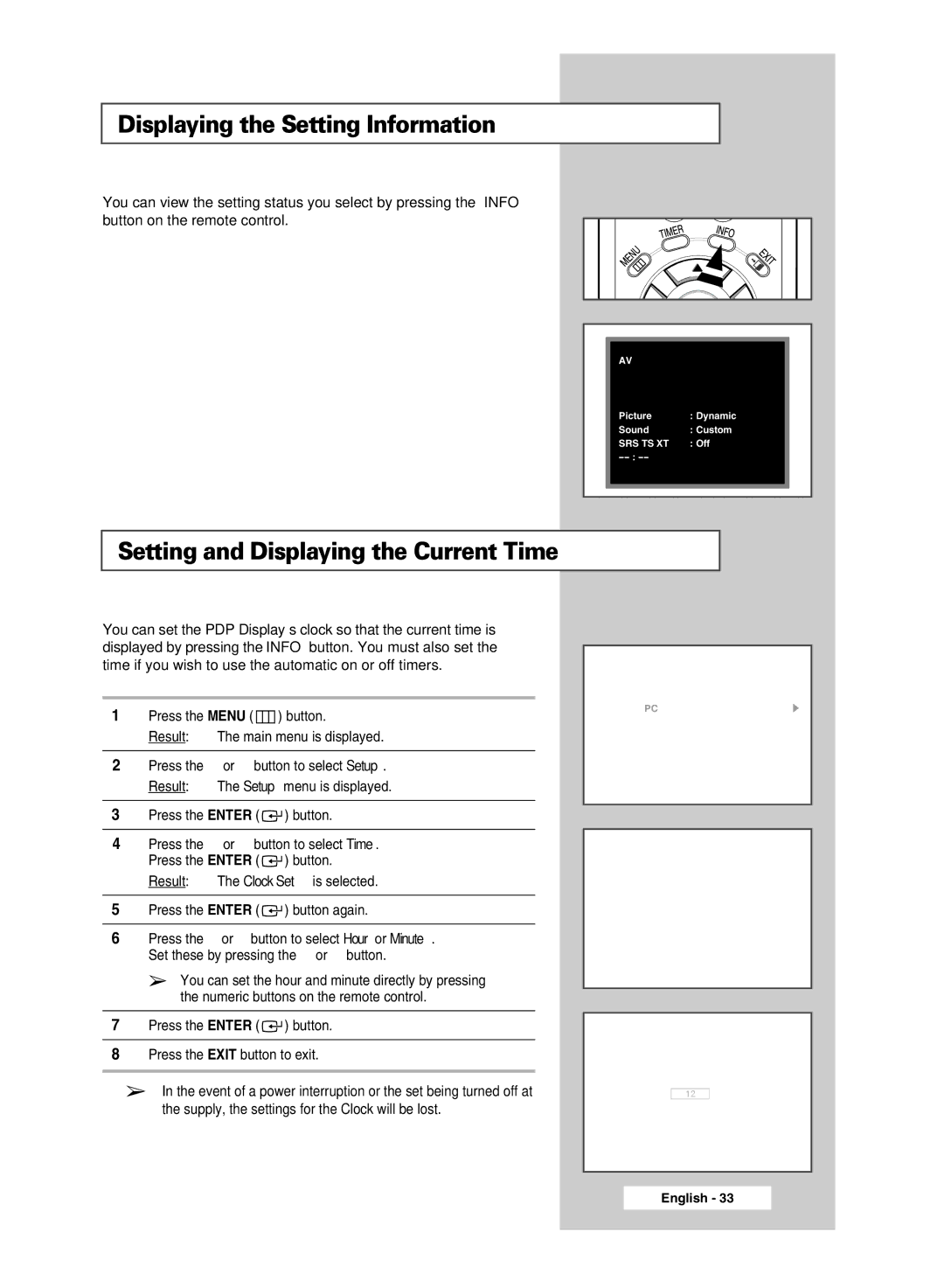 Samsung PPM42M7HBX/XSA, PPM50M7HBX/XSA manual Displaying the Setting Information, Setting and Displaying the Current Time 