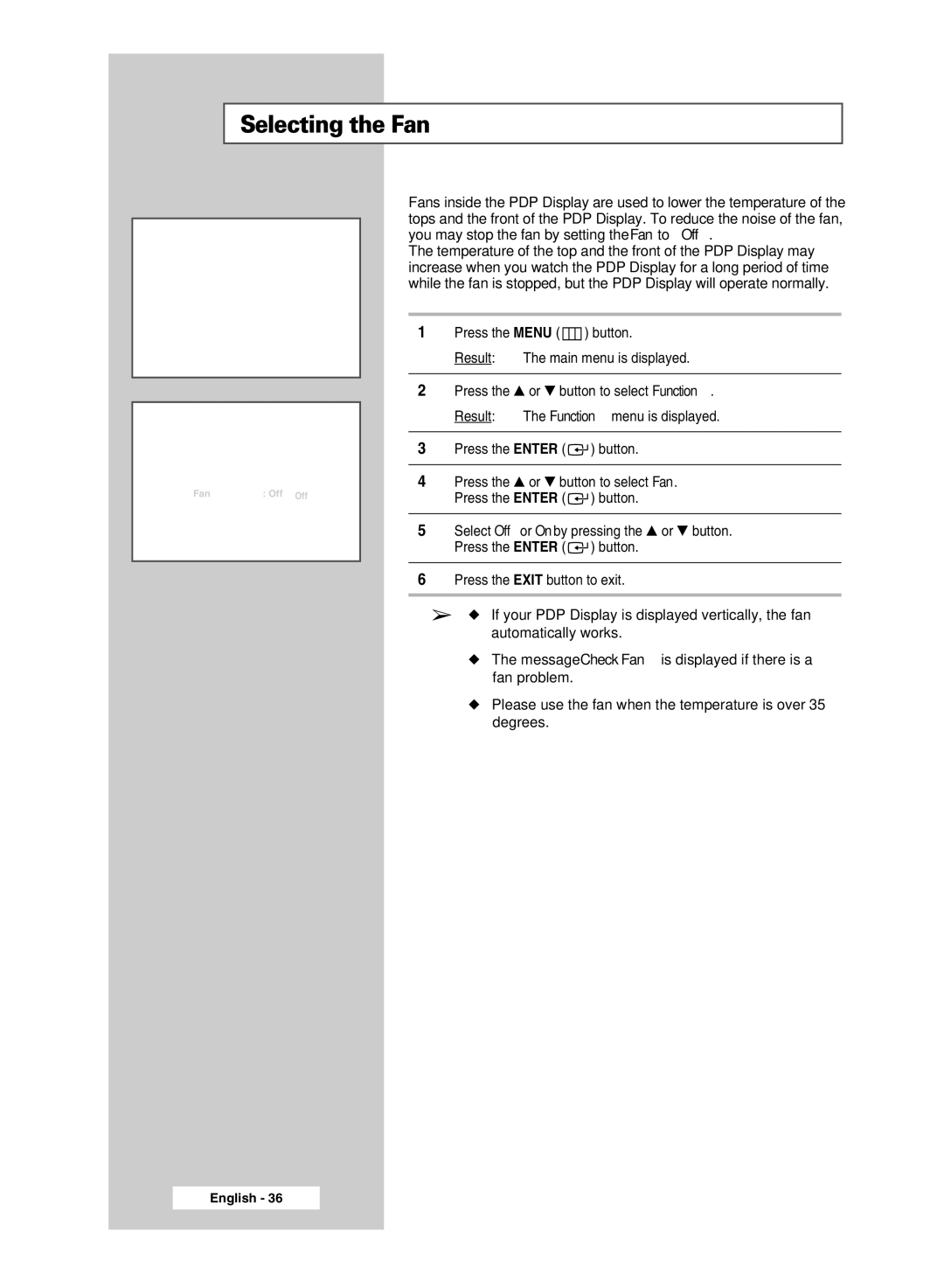 Samsung PPM50M7HBX/XSA, PPM42M7HBX/XSA manual Selecting the Fan 