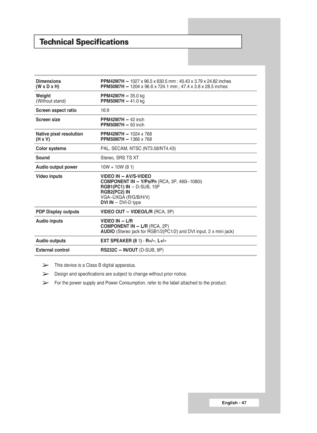 Samsung PPM42M7HBX/XSA, PPM50M7HBX/XSA manual Technical Specifications, Component in L/R RCA, 2P 