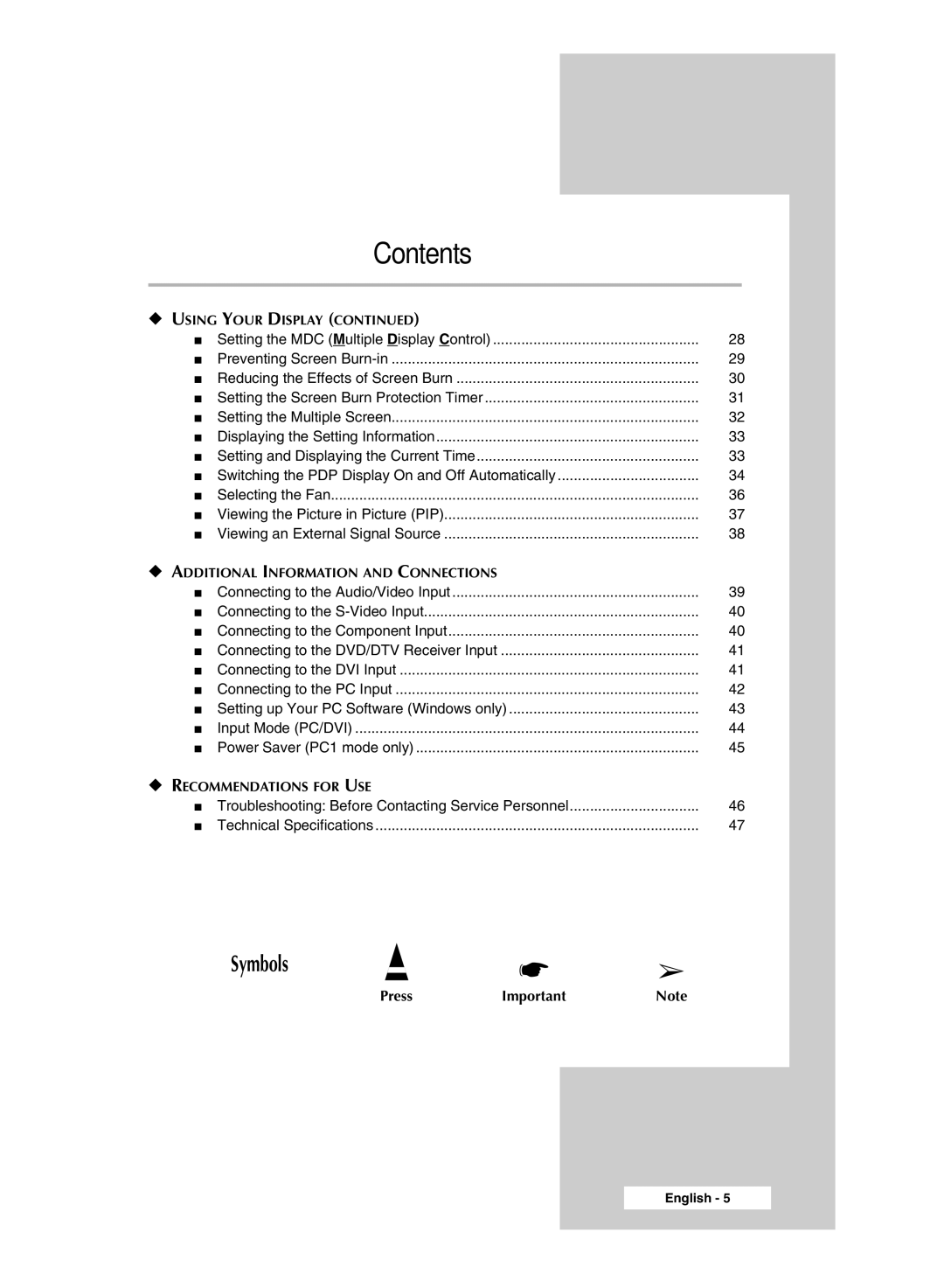 Samsung PPM42M7HBX/XSA, PPM50M7HBX/XSA manual Symbols 