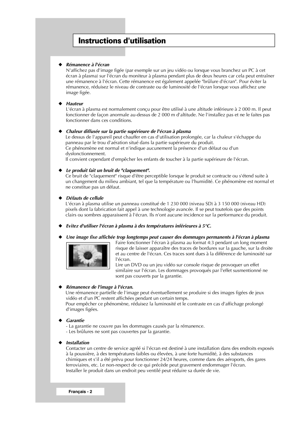 Samsung PPM42M7HSX/EDC, PPM50M7HSX/EDC manual Instructions dutilisation, Rémanence à lécran 