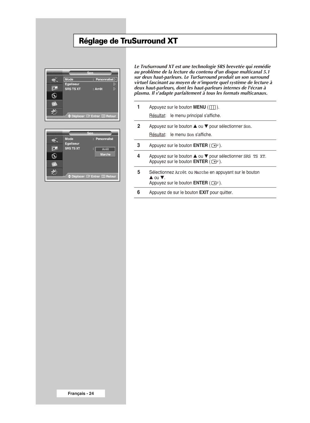 Samsung PPM42M7HSX/EDC, PPM50M7HSX/EDC manual Réglage de TruSurround XT 