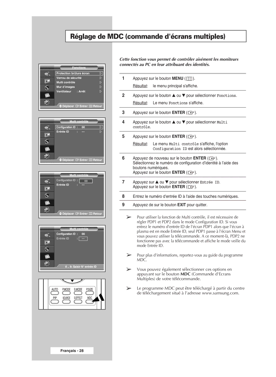 Samsung PPM42M7HSX/EDC, PPM50M7HSX/EDC manual Réglage de MDC commande décrans multiples 