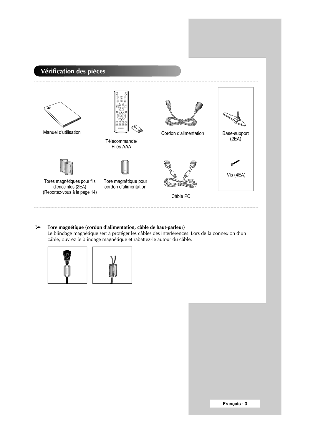 Samsung PPM50M7HSX/EDC, PPM42M7HSX/EDC manual Manuel dutilisation Cordon dalimentation, Câble PC 