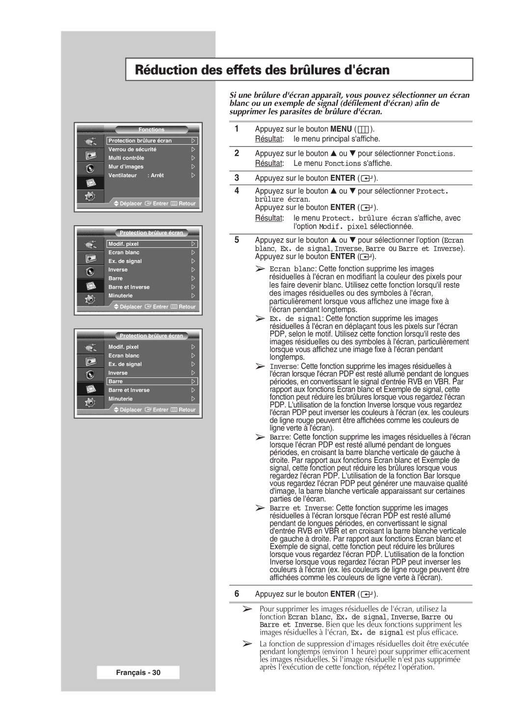 Samsung PPM42M7HSX/EDC, PPM50M7HSX/EDC manual Réduction des effets des brûlures décran 