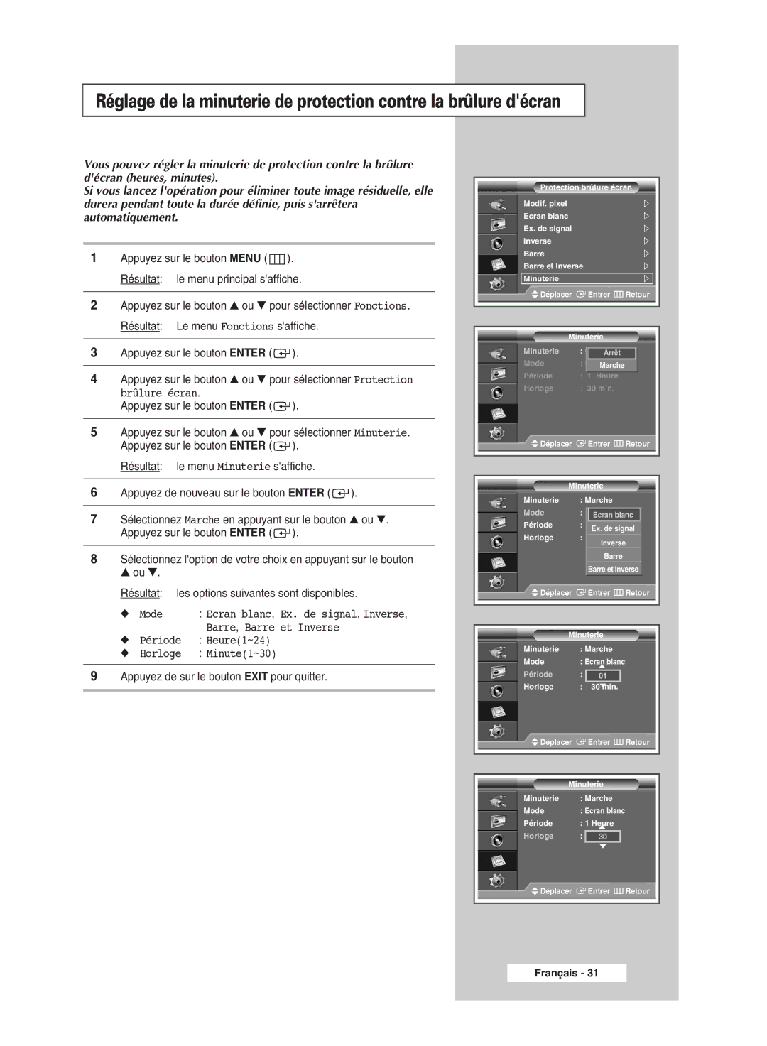 Samsung PPM50M7HSX/EDC, PPM42M7HSX/EDC manual Déplacer Entrer Retour Minuterie Marche 