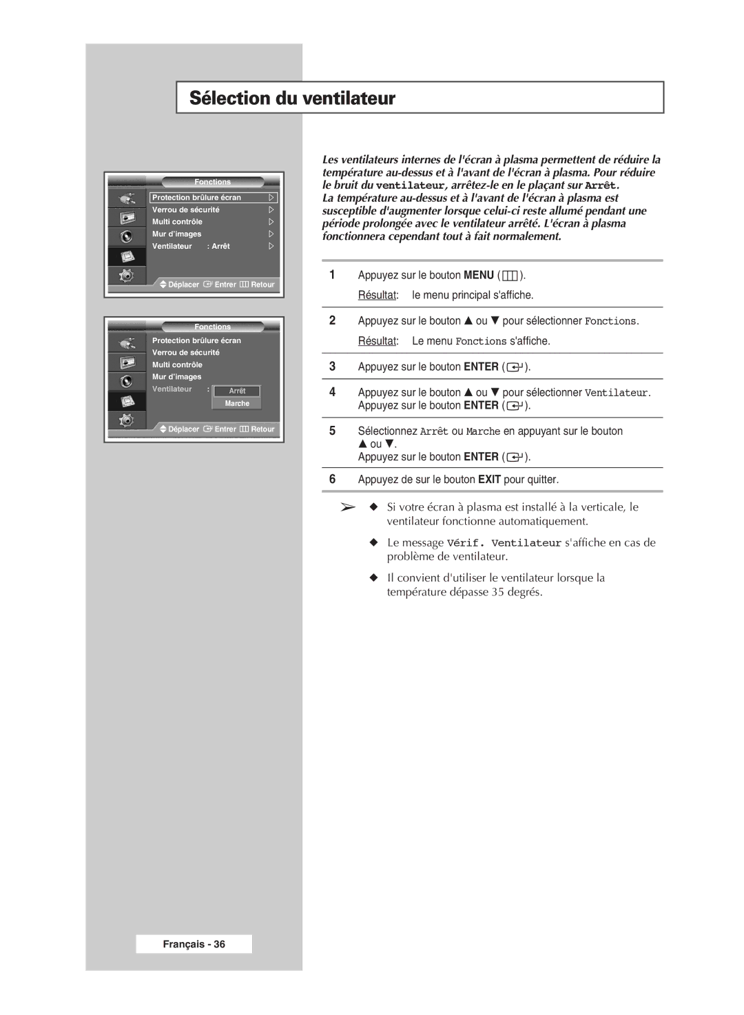 Samsung PPM42M7HSX/EDC, PPM50M7HSX/EDC manual Sélection du ventilateur 