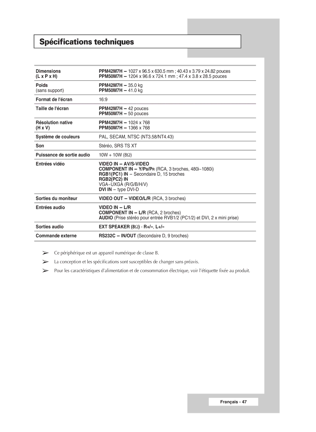 Samsung PPM50M7HSX/EDC, PPM42M7HSX/EDC manual Spécifications techniques, Video in L/R 