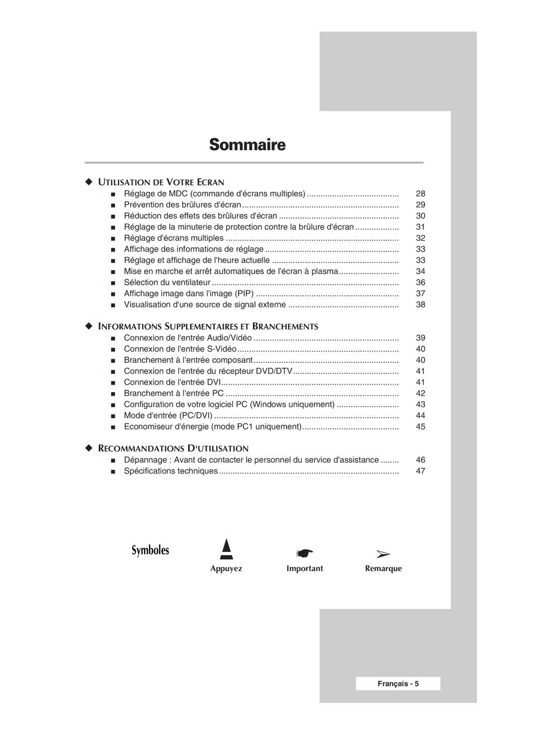 Samsung PPM50M7HSX/EDC, PPM42M7HSX/EDC manual Symboles 