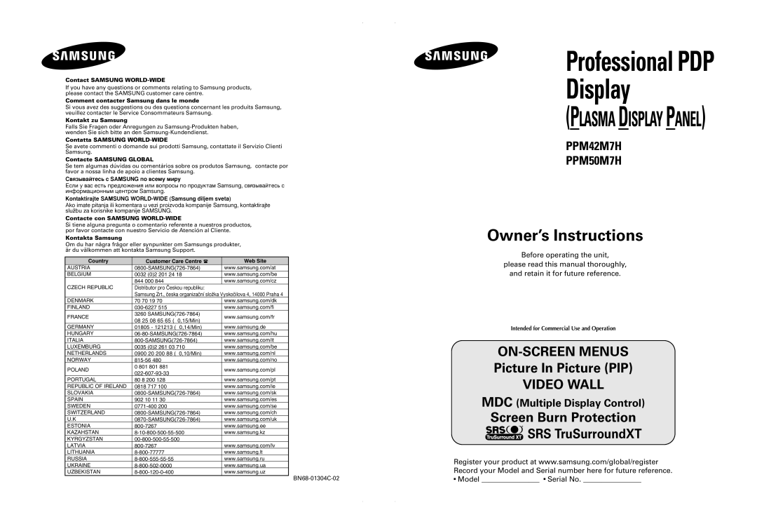 Samsung PPM50M7HSX/EDC, PPM42M7HSX/EDC manual Professional PDP Display 