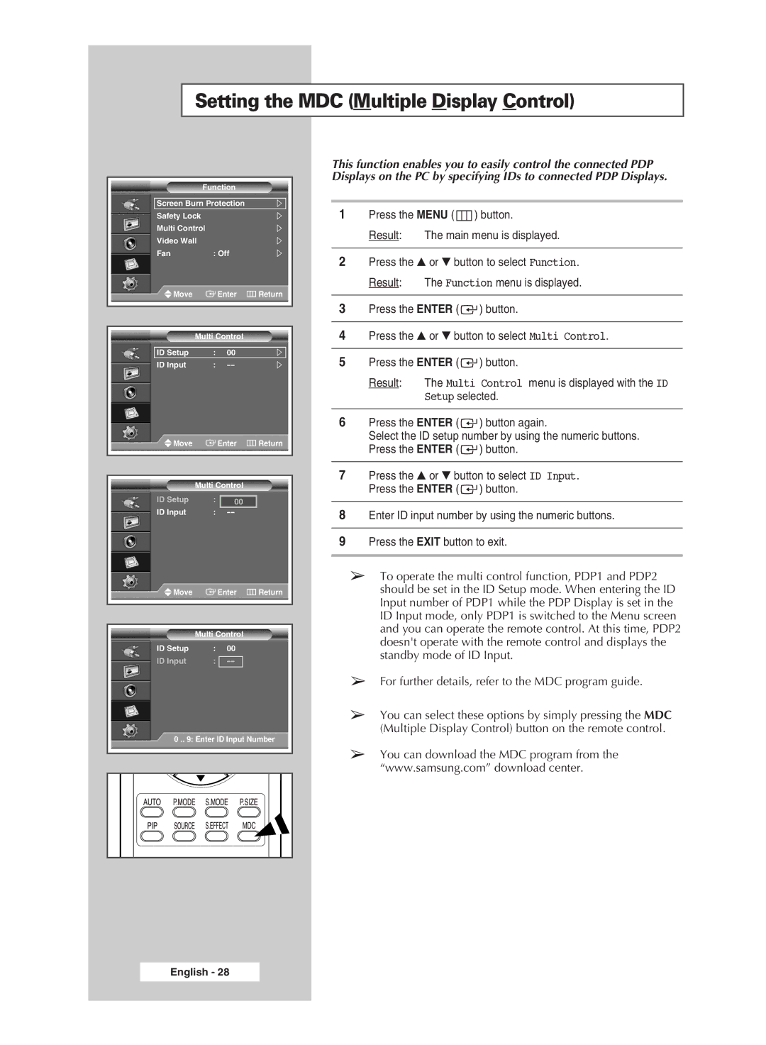 Samsung PPM42M7HSX/EDC, PPM50M7HSX/EDC manual Setting the MDC Multiple Display Control 