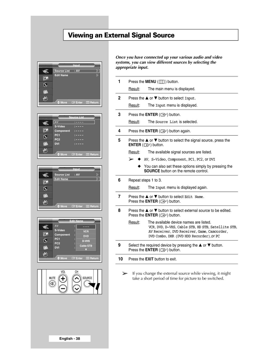 Samsung PPM42M7HSX/EDC, PPM50M7HSX/EDC manual Viewing an External Signal Source 