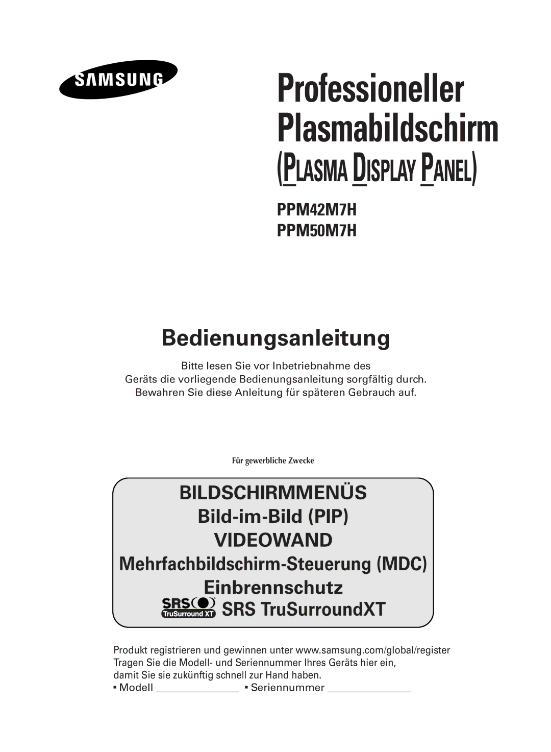 Samsung PPM50M7HSX/EDC, PPM42M7HSX/EDC manual Plasmabildschirm 