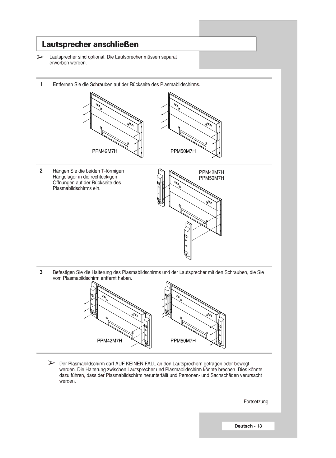 Samsung PPM50M7HSX/EDC, PPM42M7HSX/EDC manual Lautsprecher anschließen 