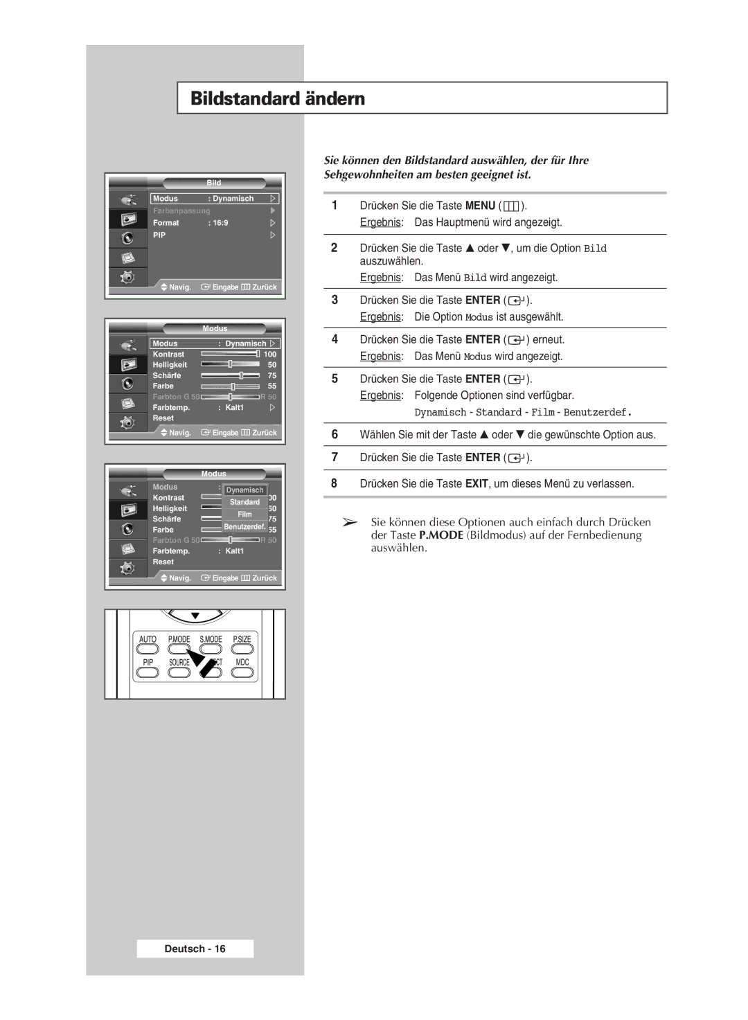 Samsung PPM42M7HSX/EDC, PPM50M7HSX/EDC manual Bildstandard ändern, Pip 