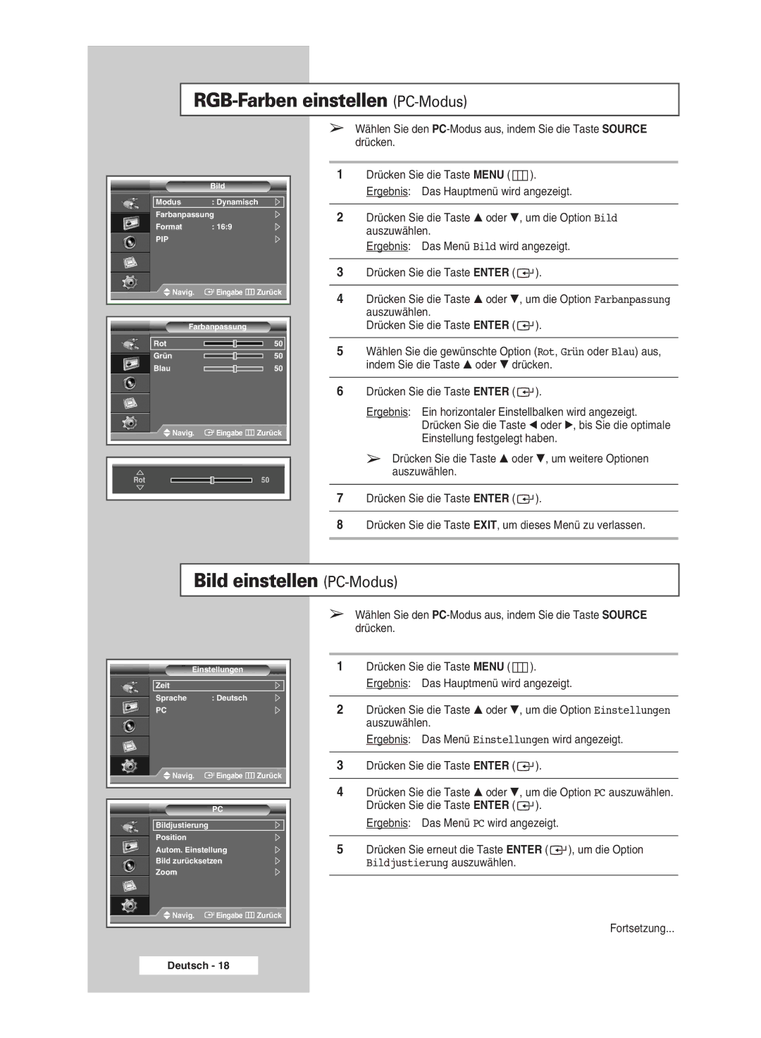 Samsung PPM42M7HSX/EDC, PPM50M7HSX/EDC manual RGB-Farben einstellen PC-Modus, Bild einstellen PC-Modus 