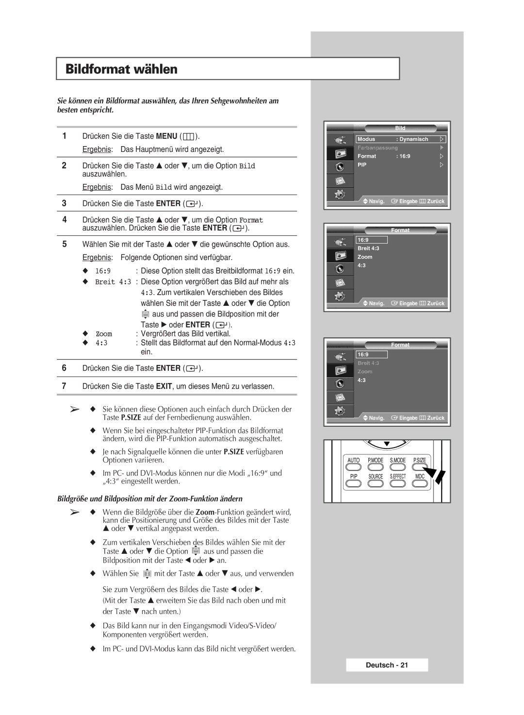 Samsung PPM50M7HSX/EDC, PPM42M7HSX/EDC manual Bildformat wählen, Taste √ oder Enter, Vergrößert das Bild vertikal 