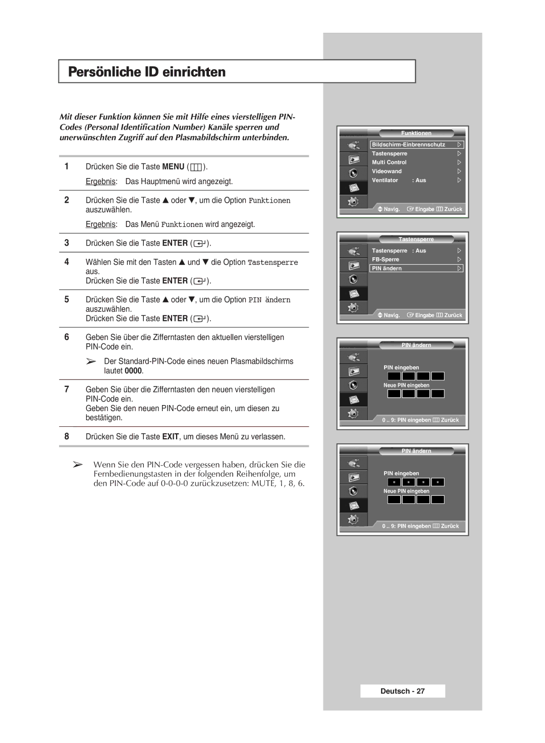 Samsung PPM50M7HSX/EDC, PPM42M7HSX/EDC manual Persönliche ID einrichten 