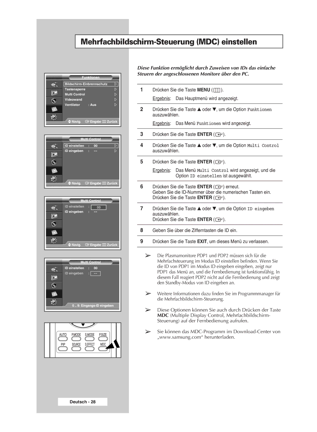 Samsung PPM42M7HSX/EDC, PPM50M7HSX/EDC manual Mehrfachbildschirm-Steuerung MDC einstellen 