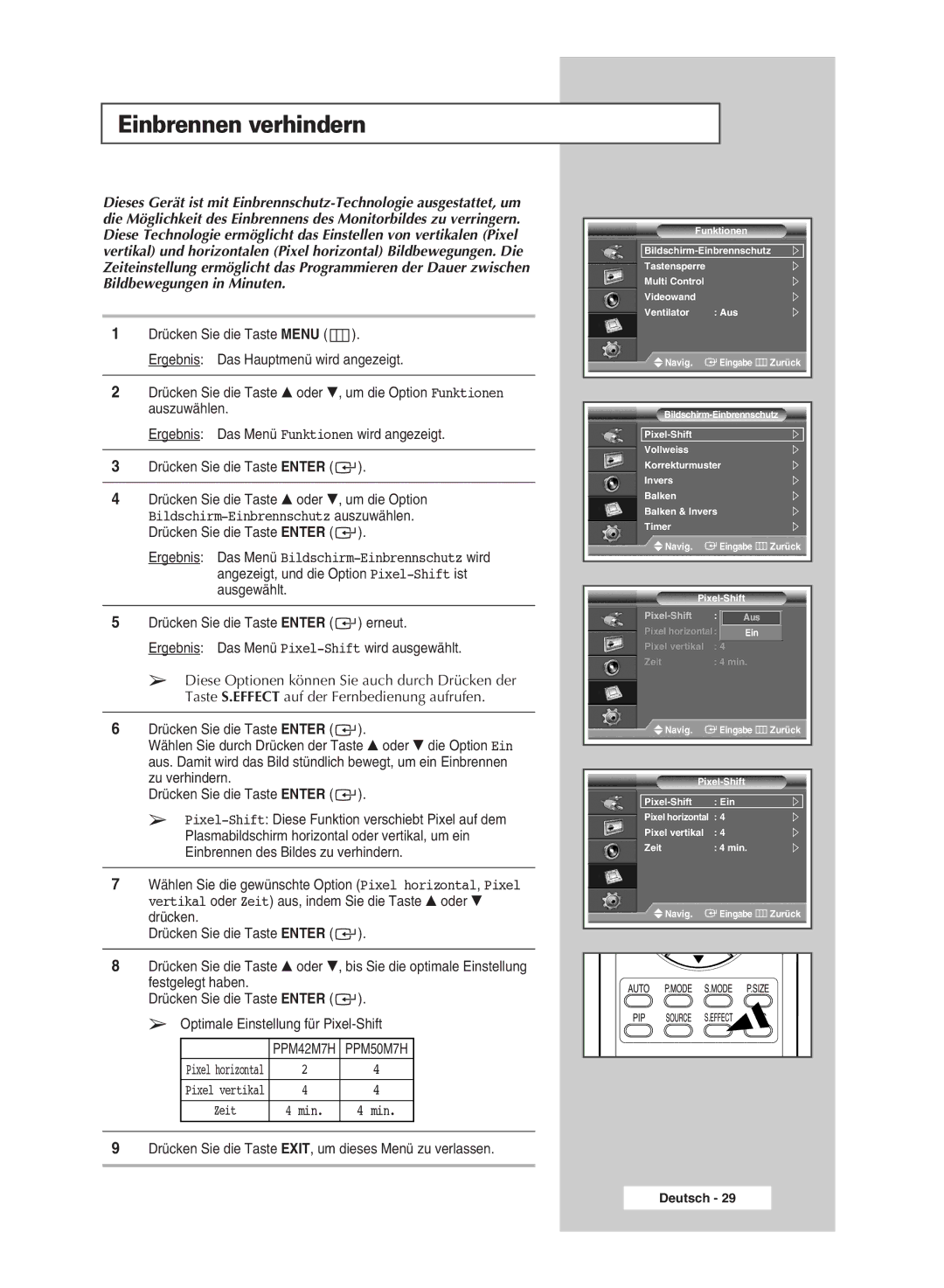 Samsung PPM50M7HSX/EDC, PPM42M7HSX/EDC manual Einbrennen verhindern, Min 