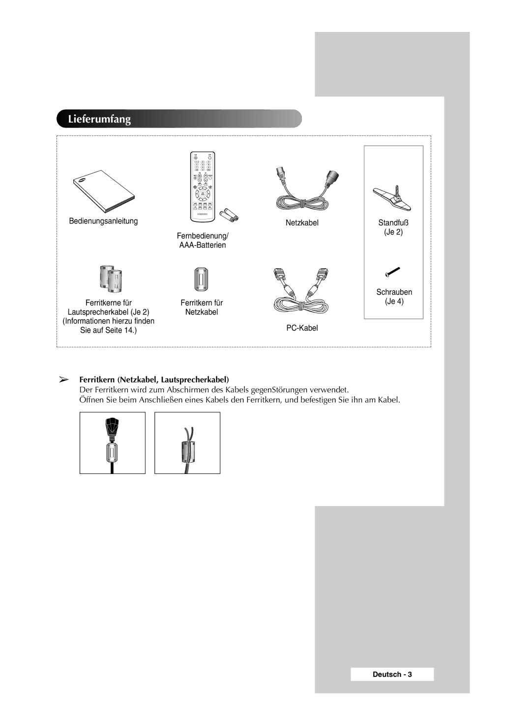 Samsung PPM50M7HSX/EDC, PPM42M7HSX/EDC manual Lieferumfang, Bedienungsanleitung Netzkabel, PC-Kabel 