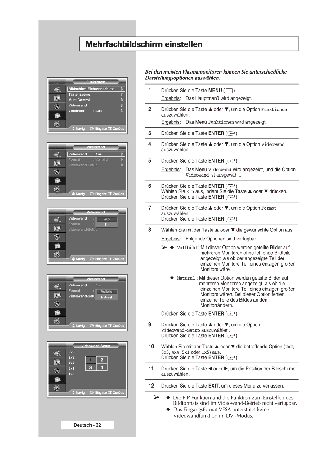 Samsung PPM42M7HSX/EDC manual Mehrfachbildschirm einstellen, 10 Wählen Sie mit der Taste oder die betreffende Option 